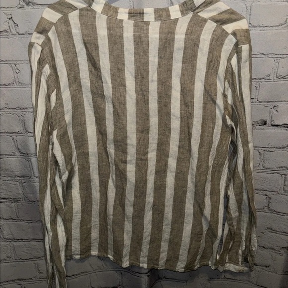 FLAX Linen Striped Button Down Blouse Top Small Lightweight V Neck Long Sleeve - Picture 3 of 5